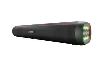 Black soundbar with colorful lights on a white background