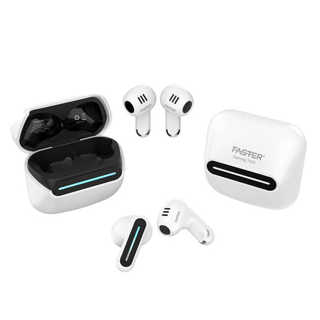 A close-up front view of two Faster TG550 gaming earbuds, delta-shaped TWS  Both earbuds are taken out from the charging case.