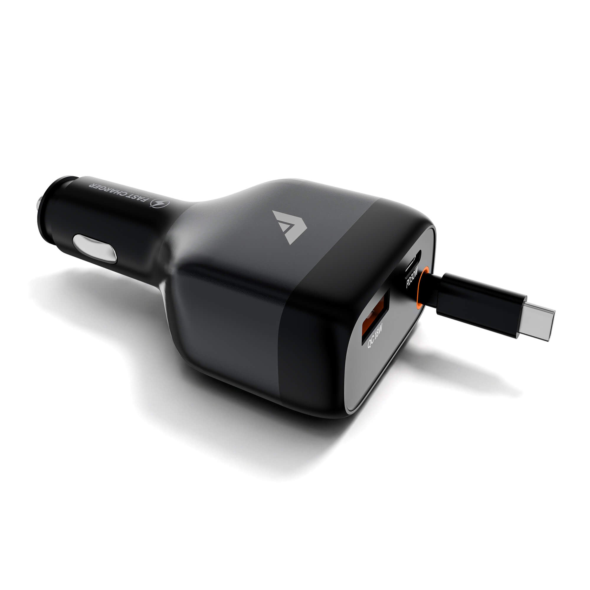 A black car charger with a USB-C connector plugged in, shown on a clean white background.