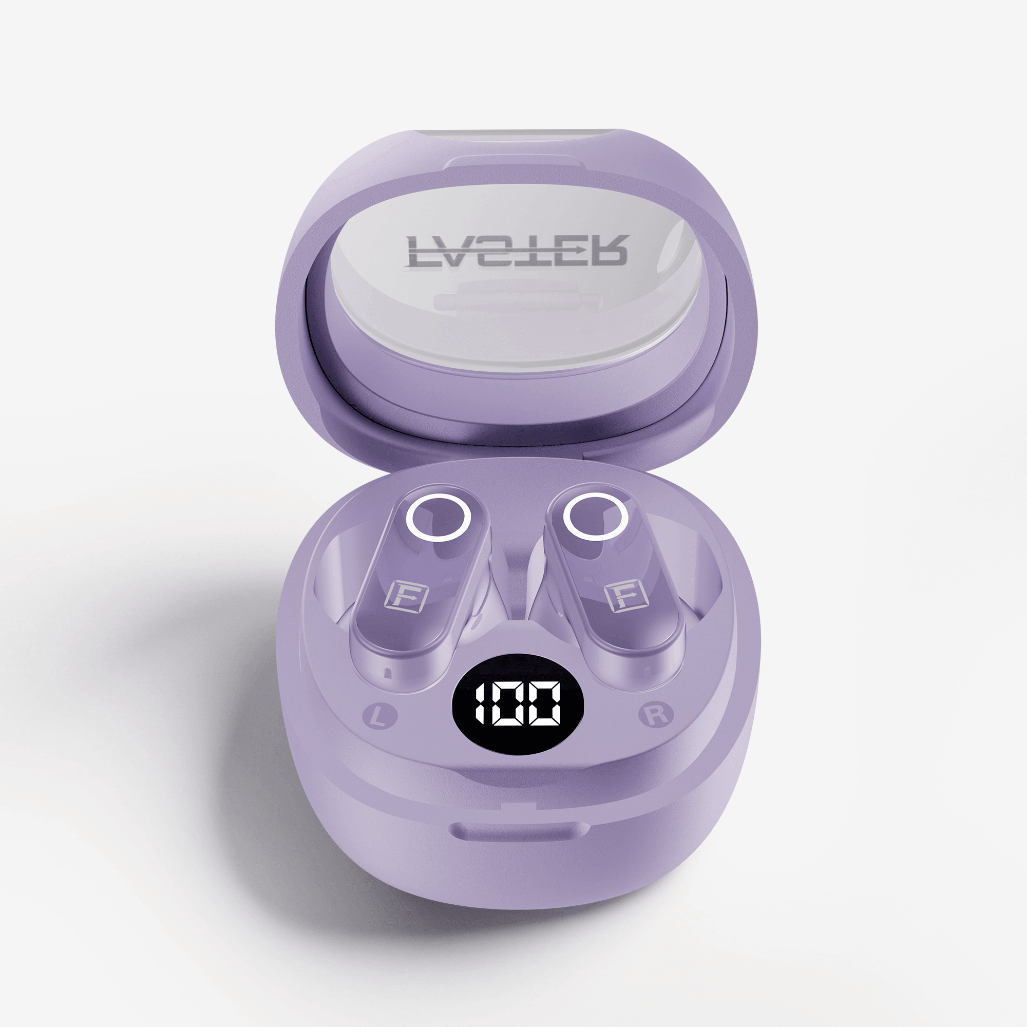 A pair of lavender wireless earbuds in their open charging case, shown on a clean white background. The brand name 'FASTER' is visible on the inside of the lid, and a digital display on the front shows '100'.