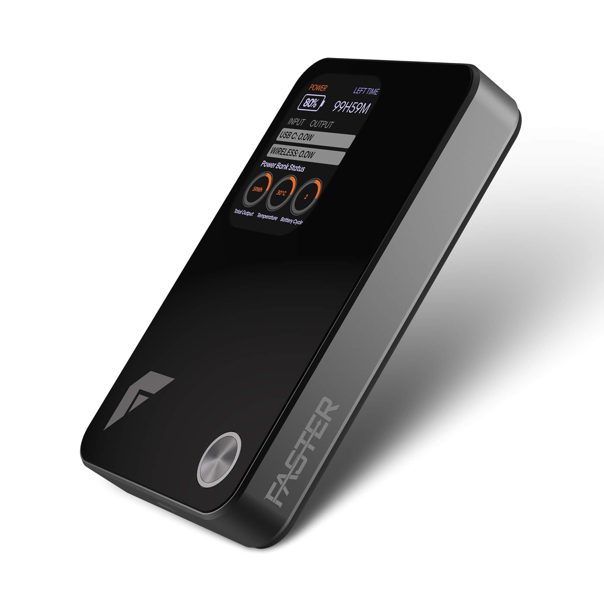A sleek black portable power bank with a digital display screen and a silver circular button, shown at an angle on a white background. The brand name 'FASTER' is printed vertically on the side.