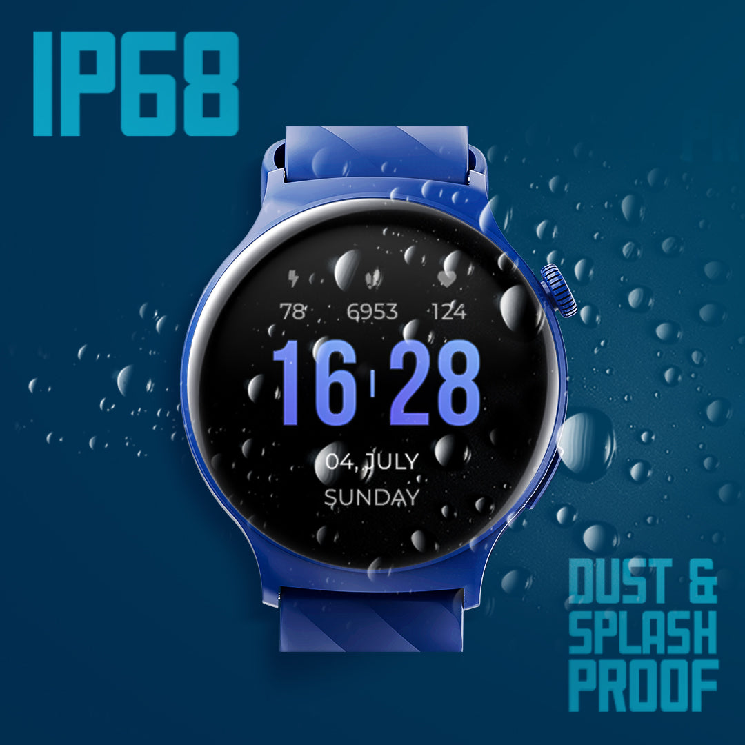A blue smartwatch with a round black screen, shown on a dark blue background with water droplets and text reading 'IP68' and 'DUST & SPLASH PROOF'.