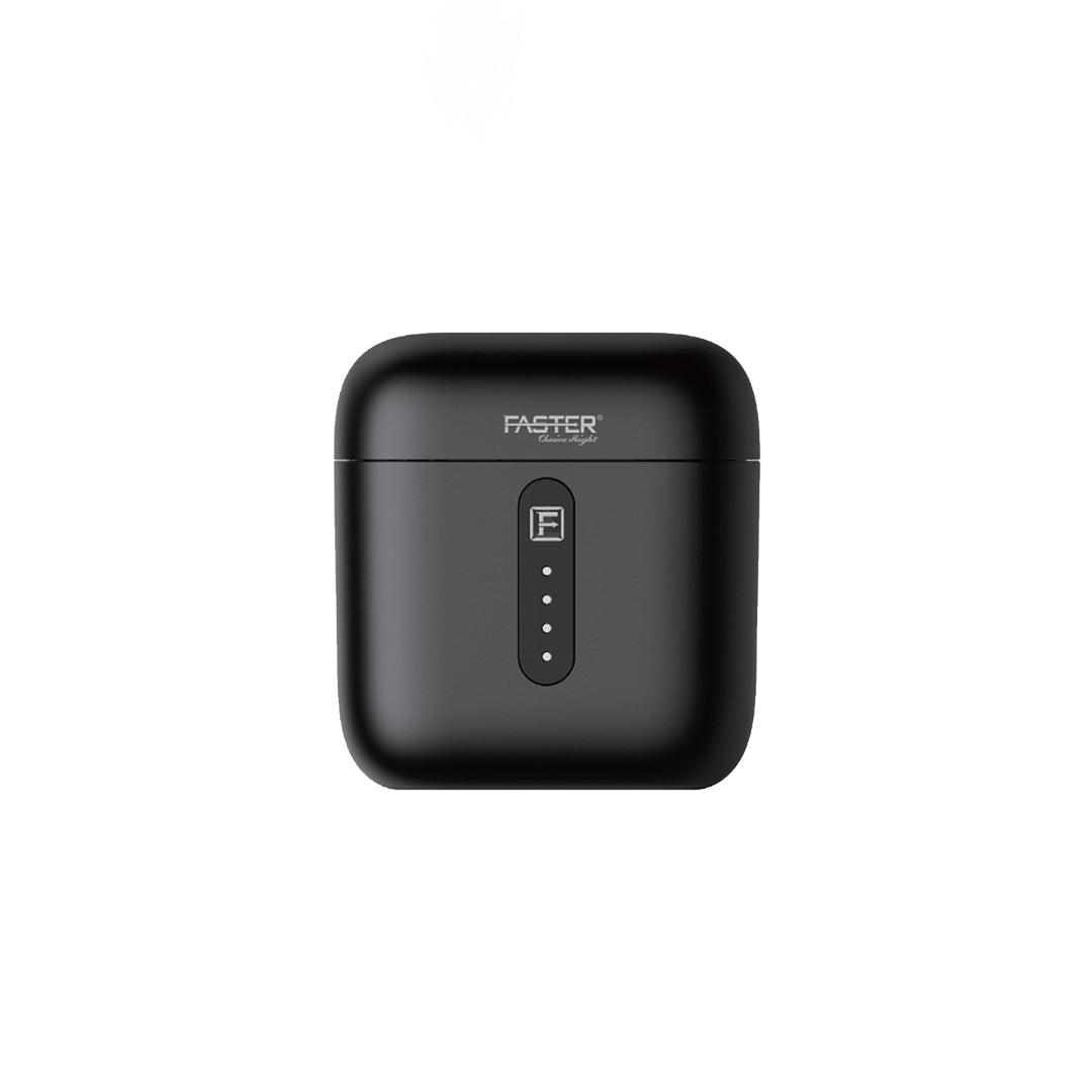 A close-up front view of the Faster E20 TWS In-Ear True Wireless Noise Reduction Earbuds with background.