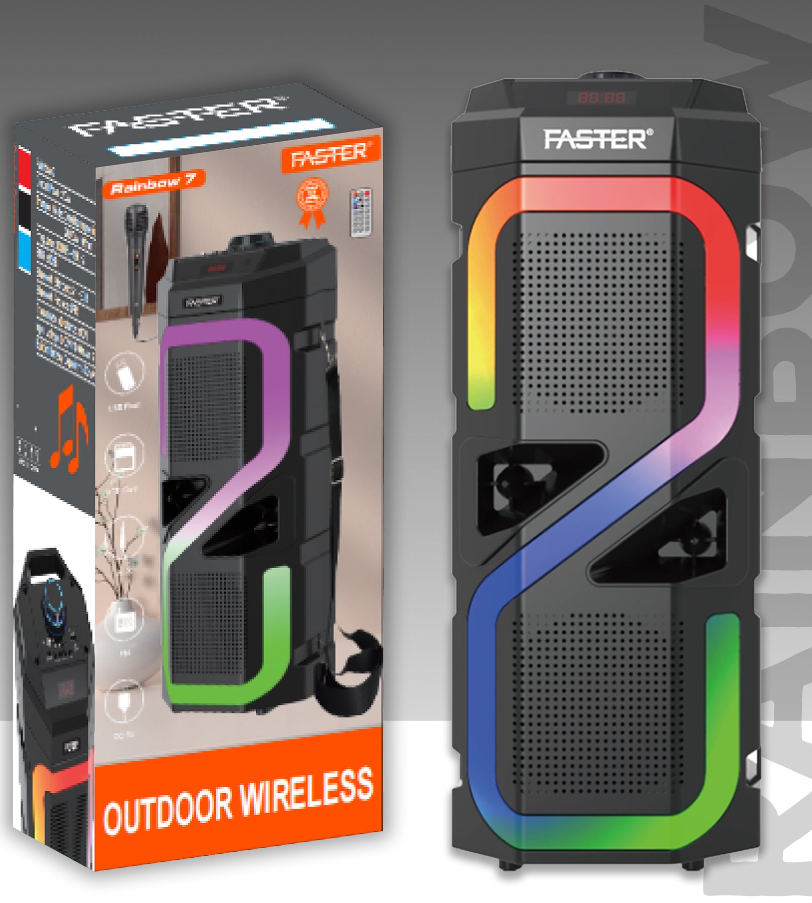 A Faster Rainbow 7 powerful bass wireless speaker with box