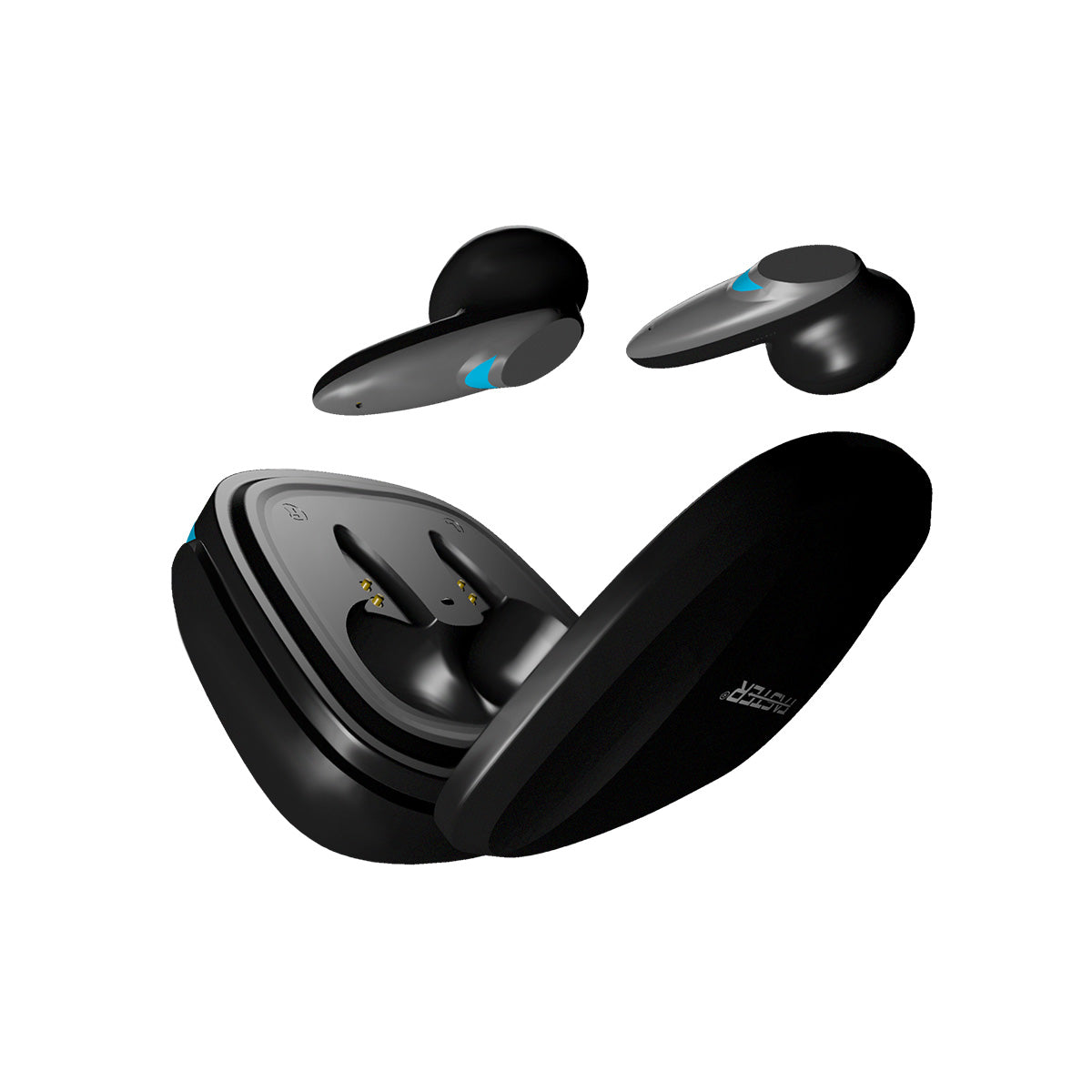 A close up back view open charging case of Faster TG300 Gaming Earbuds, pair of earbud take out from the charging case