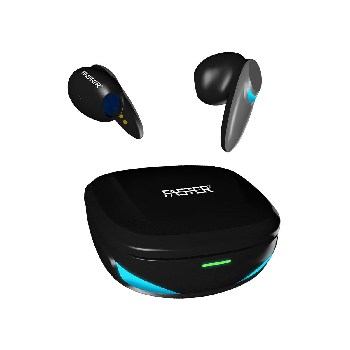 A close up top view charging case of Faster TG300 Gaming Earbuds, pair of earbud take out from the charging case