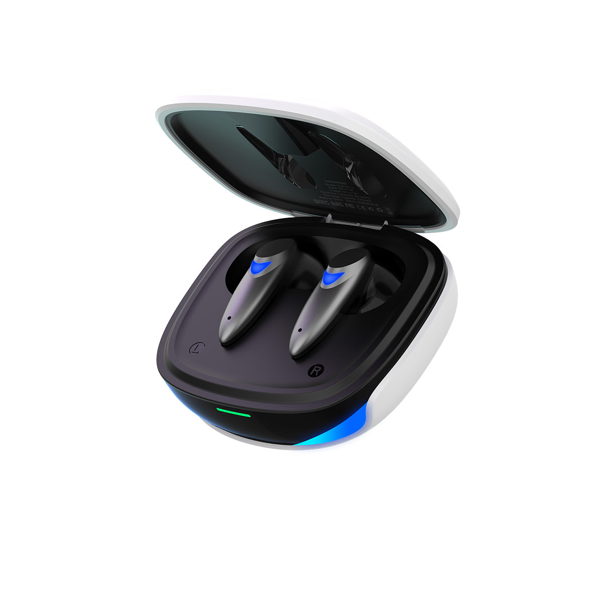 A close up view open charging case of Faster TG300 Gaming earbuds