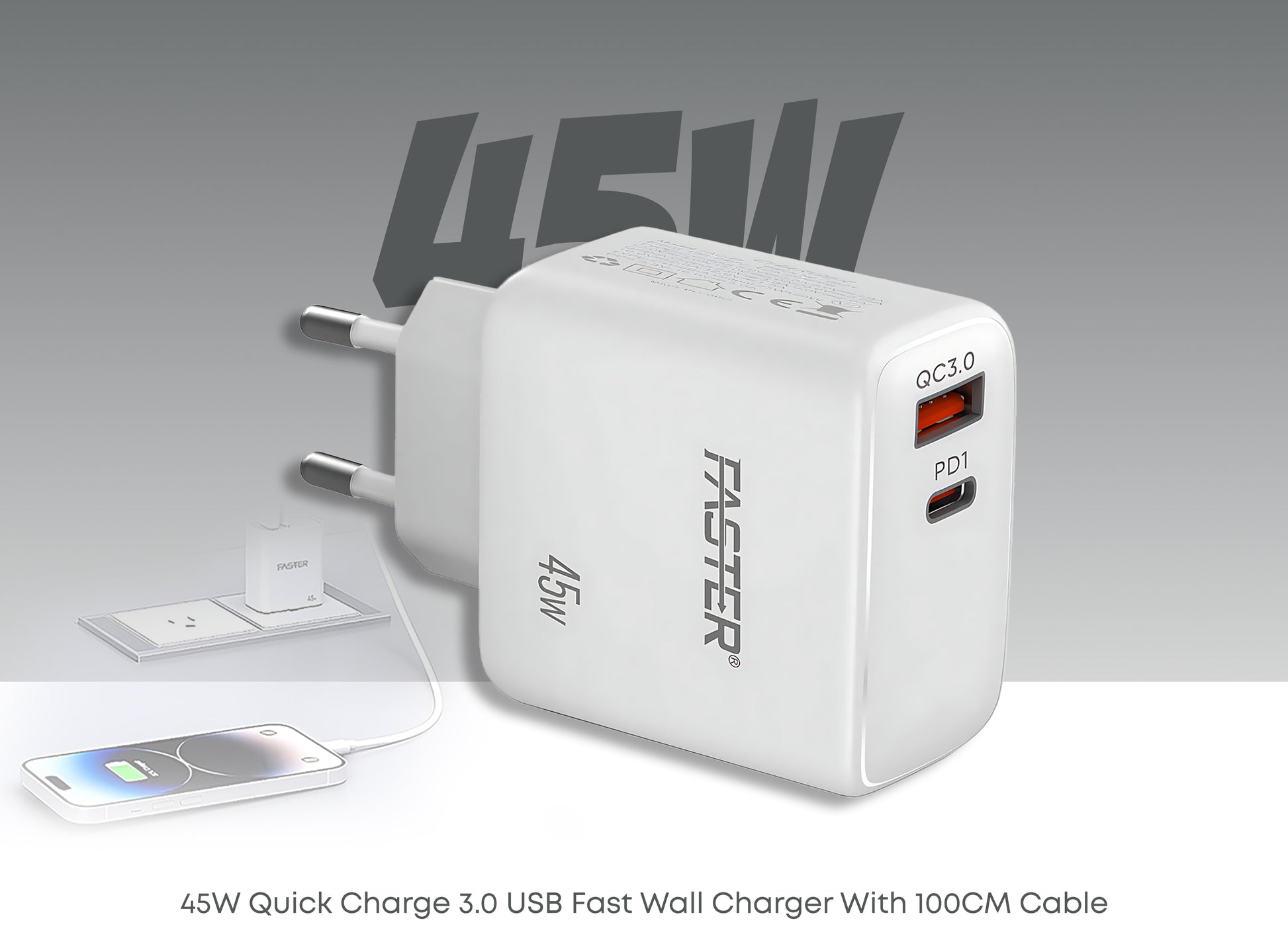 FASTER PD-45W USB-C Super Fast Charging Wall Charger QC 3.0A with PD C