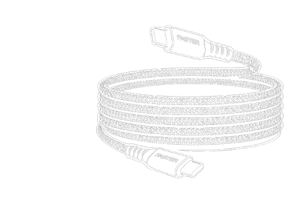 White braided USB-C to USB-C cable coiled on a plain white background, with the brand name POSTER visible on both connector ends.