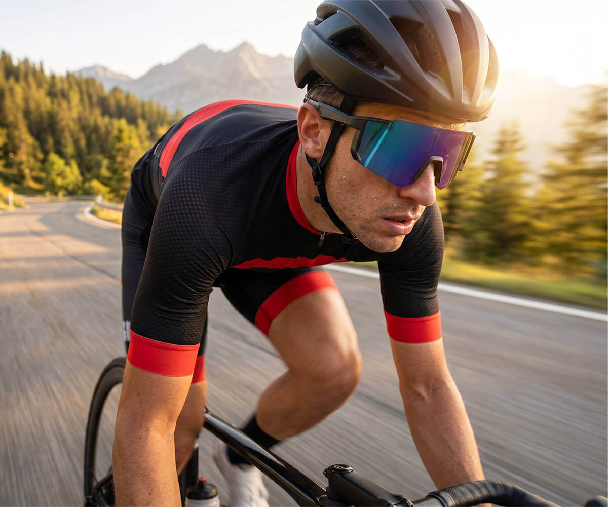 A cyclist in a black and red aerodynamic jersey, black helmet, and mirrored sunglasses rides on a sunny mountain road.