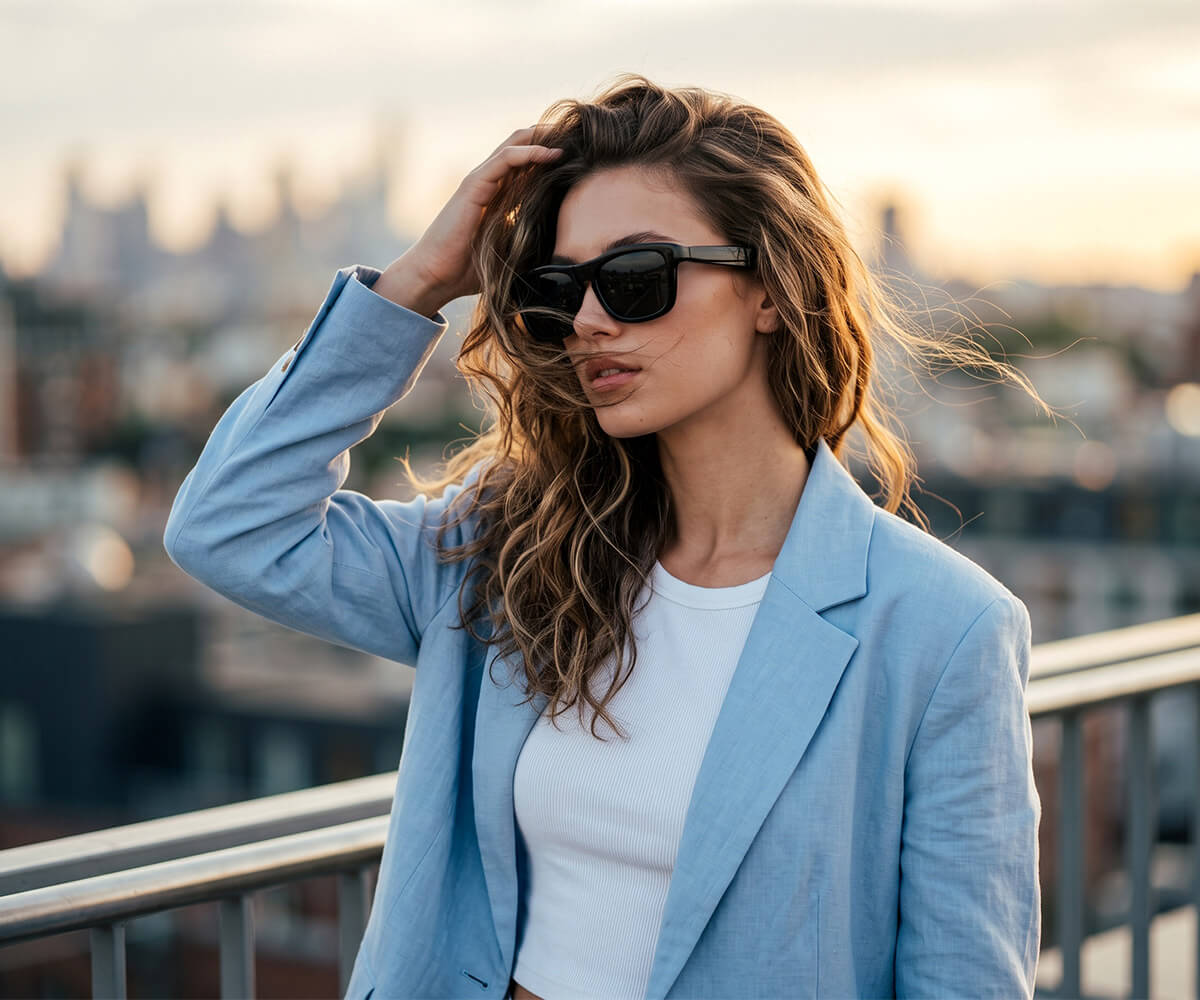 A woman wearing a light blue blazer, white top, and black sunglasses stands on a rooftop balcony at sunset with a blurred city skyline in the background.