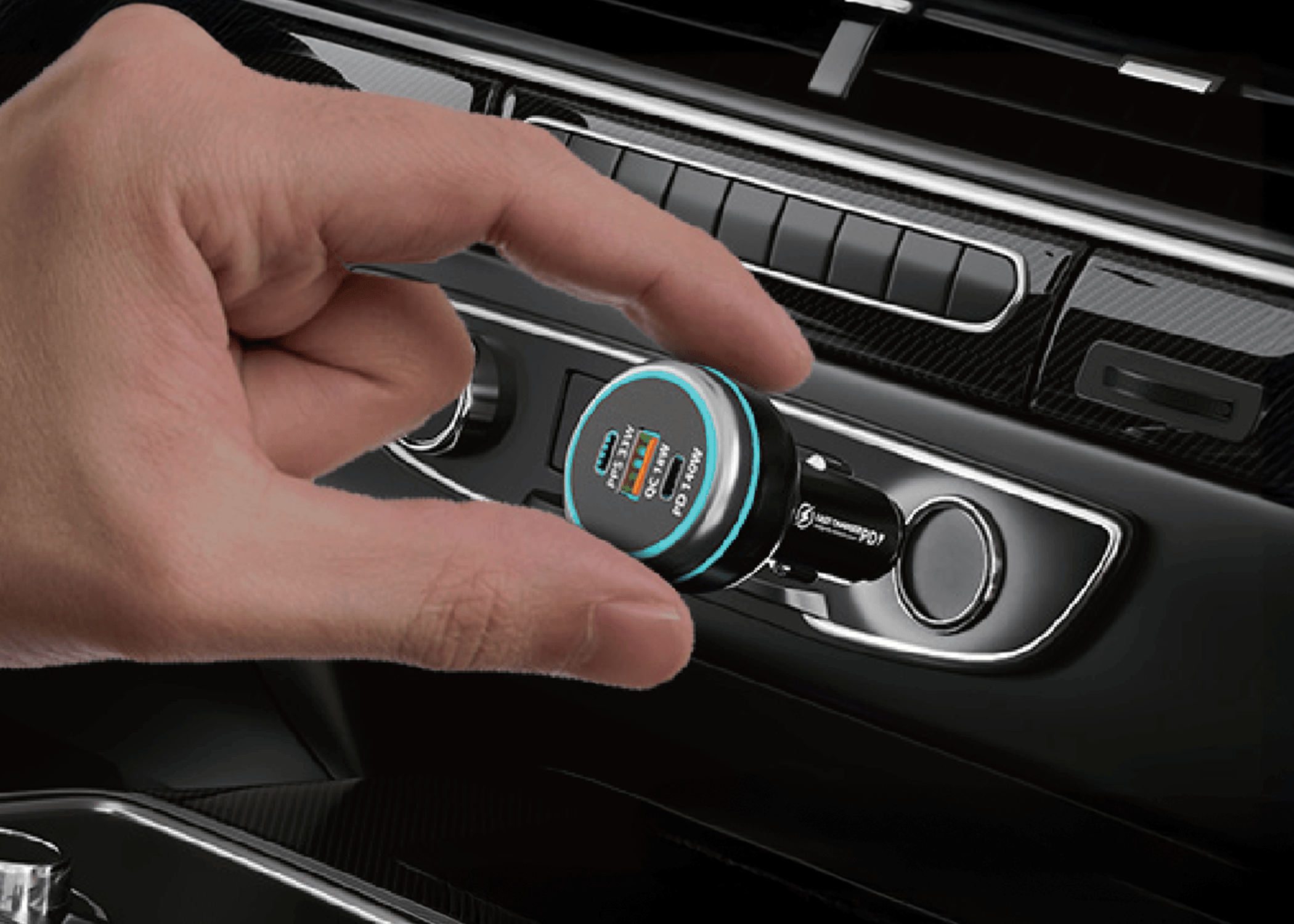 A hand inserts a car charger into a car's center console USB charging port. The charger has a black top with a blue ring and a clear circular face showing the brand name 'FASTER'.