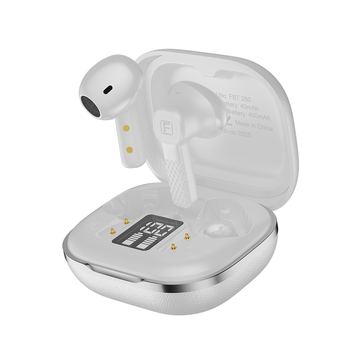White wireless earbuds with charging case on a white background