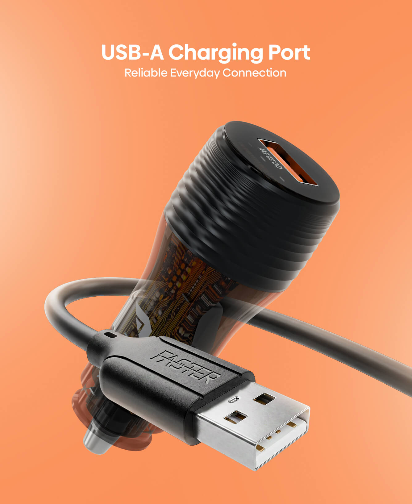 A close-up of a Fastech USB-A charging port on a cable, with a transparent cylindrical connector body showing internal circuitry, set against a solid orange background with white text reading 'USB-A Charging Port' and 'Reliable Everyday Connection'.