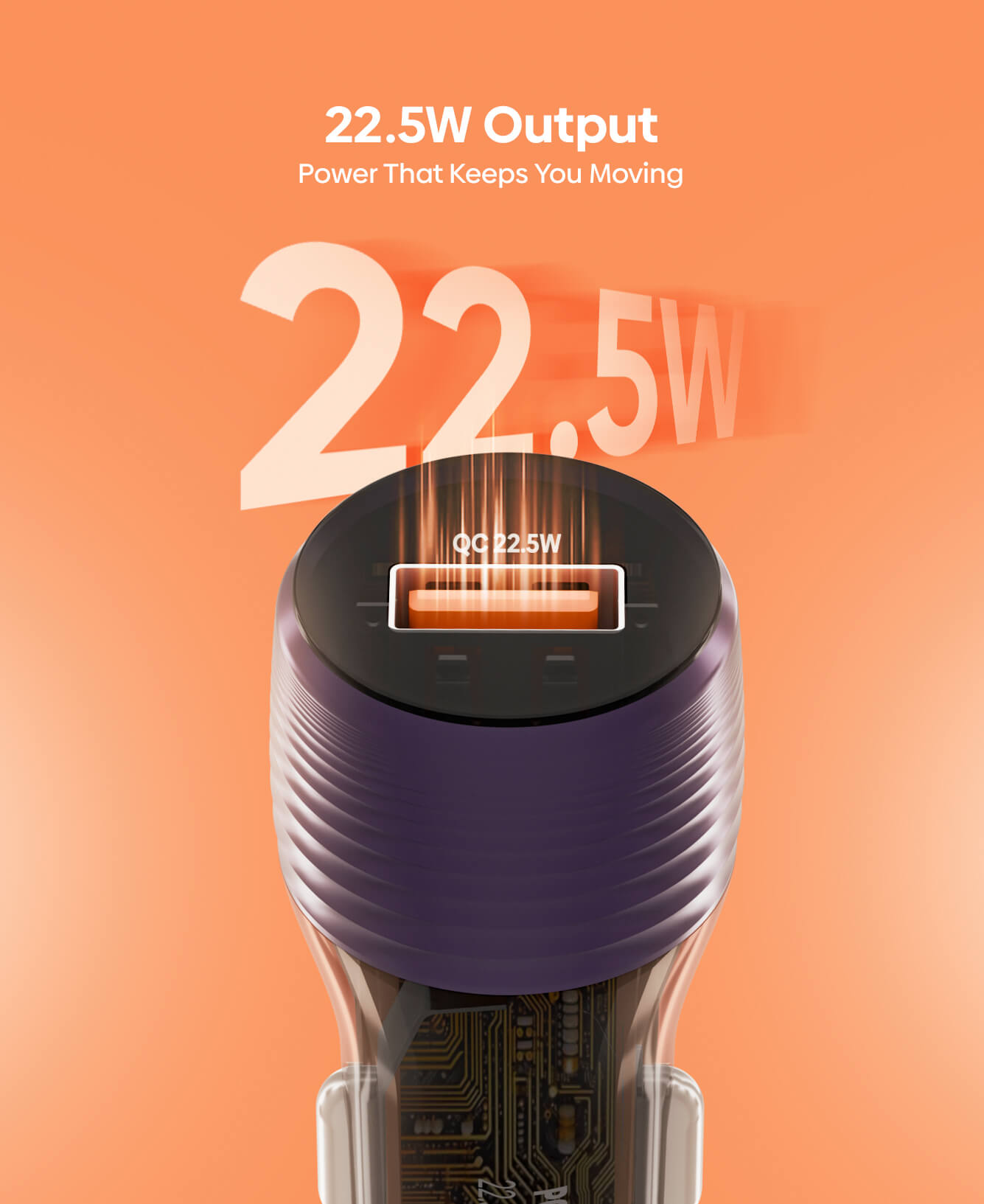 A 22.5W car charger shown from the top, featuring a dark purple ribbed cap and a clear lower body revealing internal circuitry.