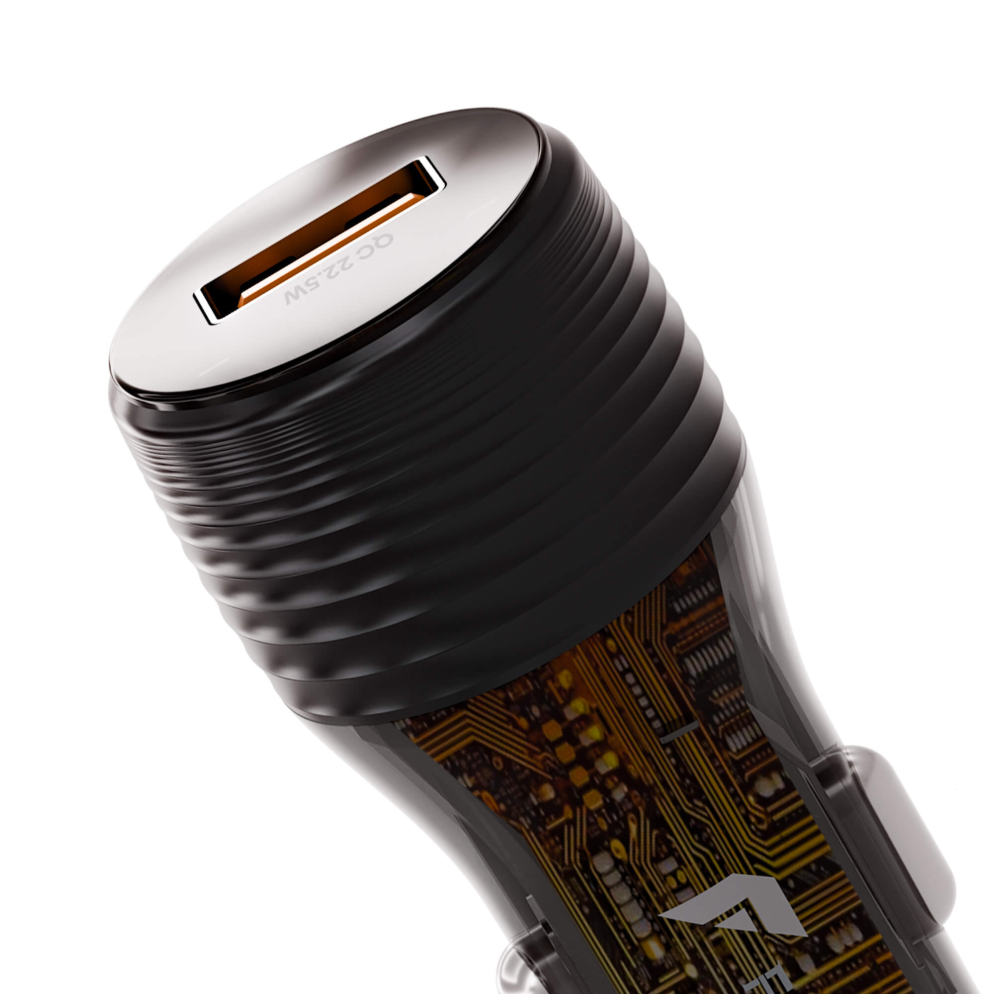 A close-up of a black cylindrical electronic device with a ribbed top, a USB-C port, and a transparent lower section revealing a gold circuit board pattern inside, on a white background.