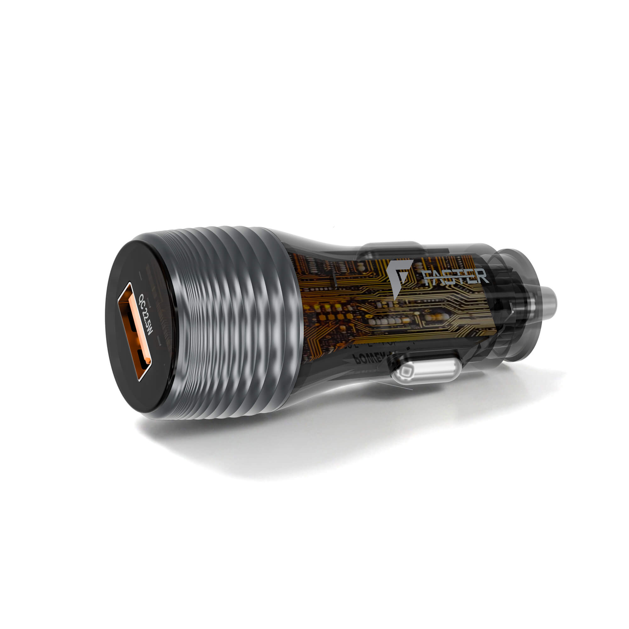 A black and dark gray car charger with a metallic ribbed body, an orange USB-C port, and a printed gold circuit board design on the side with the brand name 'FASTER'.