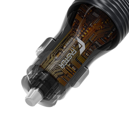 A close-up of a transparent car charger plug showing a detailed printed circuit board (PCB) inside, with a black ribbed outer casing and a silver metal tip, on a white background.