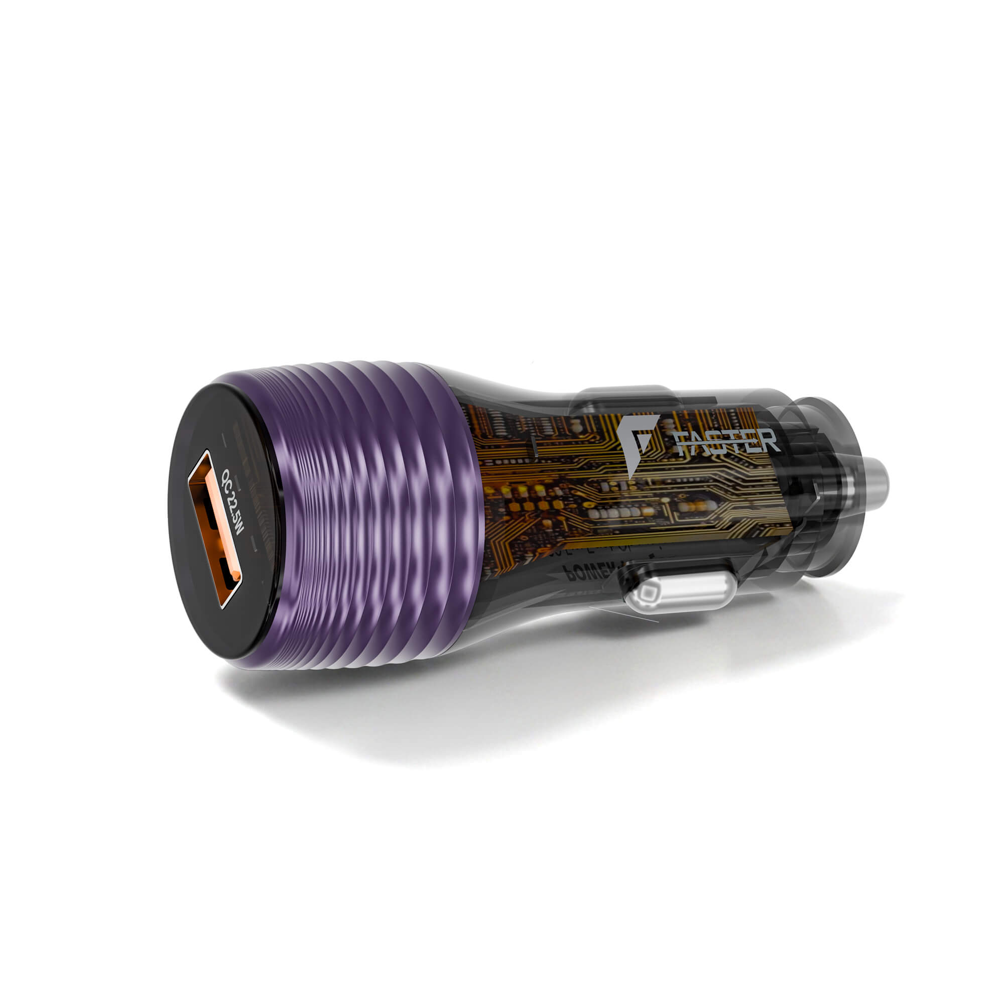 A purple and black car charger with a circuit board graphic, featuring a USB-C port on one end and a silver plug on the other, shown on a white background.