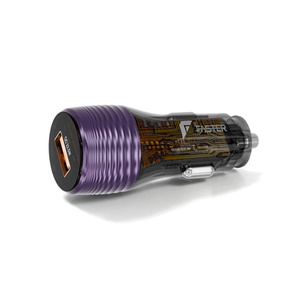 A purple and black car charger with a circuit board graphic, featuring a USB-C port on one end and a silver plug on the other, shown on a white background.