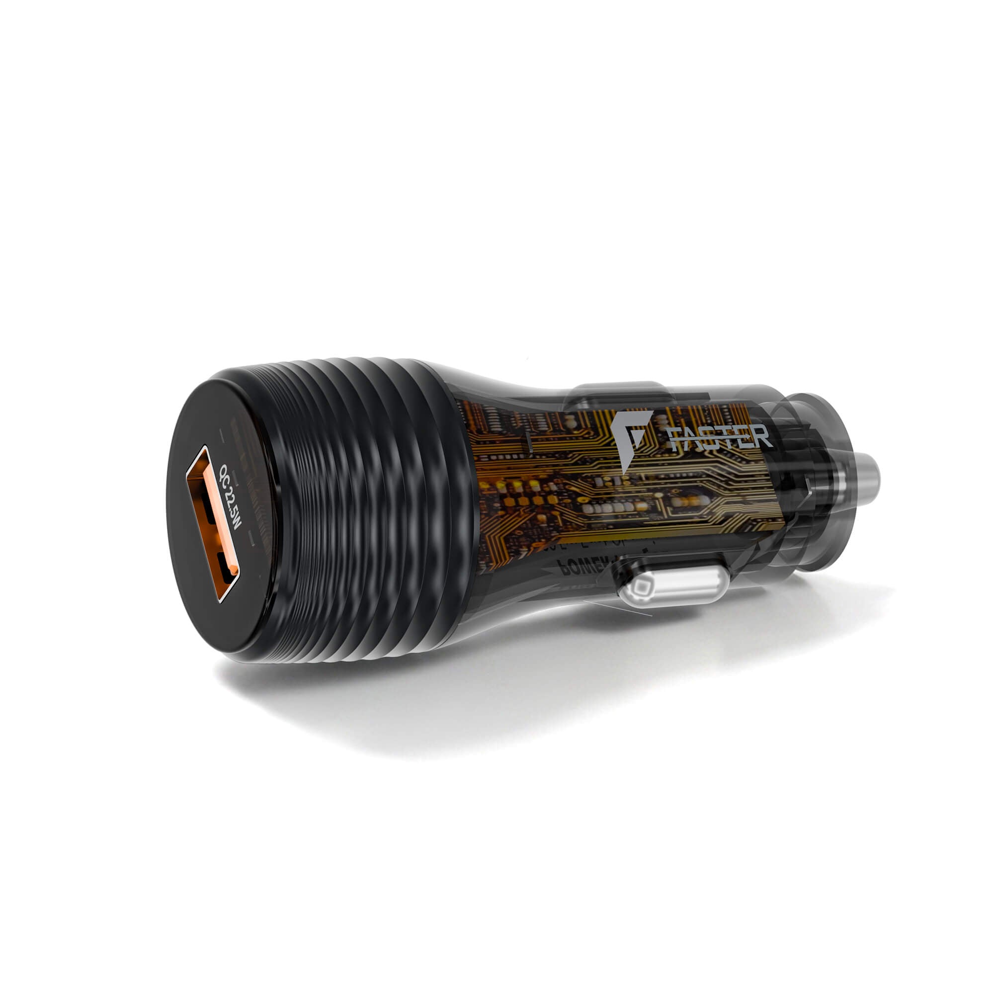 A black car charger with a textured ribbed body, an orange USB-A port on one end, and a printed gold circuit board design on the main barrel with the brand name 'FASTER' in white. It is shown on a clean white background with a soft shadow.