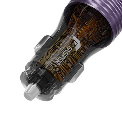 A close-up of a transparent showing a detailed gold circuit board design inside, with a purple metallic top section and a silver tip, on a white background.