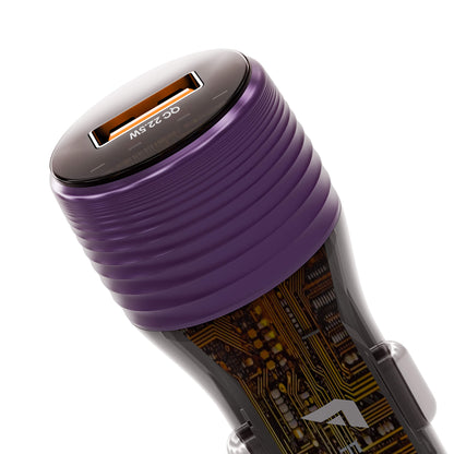 A close-up of a purple and black USB-C car charger with a ribbed metallic purple top, a black USB-C port, and a transparent lower section showing a gold circuit board design.