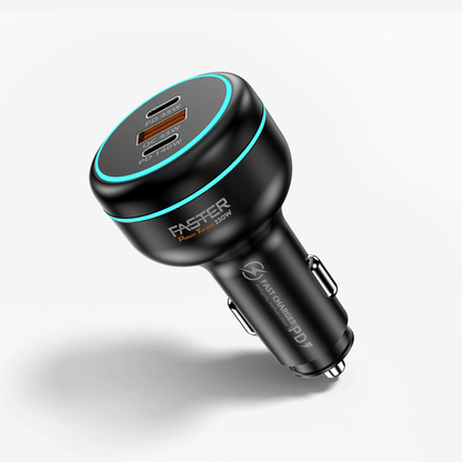 A black car charger with two USB-C ports, featuring a cyan LED ring and white branding text on a light gray background.