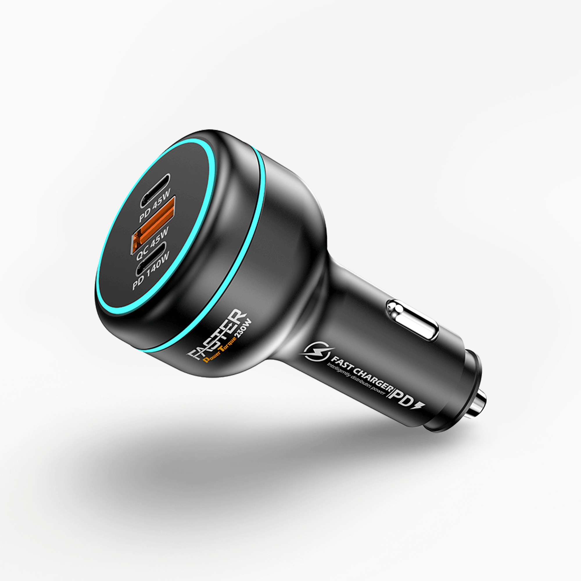 A black car charger with a USB-C port, featuring a circular top face with a turquoise LED ring, white and orange text, and a silver PD 30W fast-charging plug connector, shown on a light gray background.