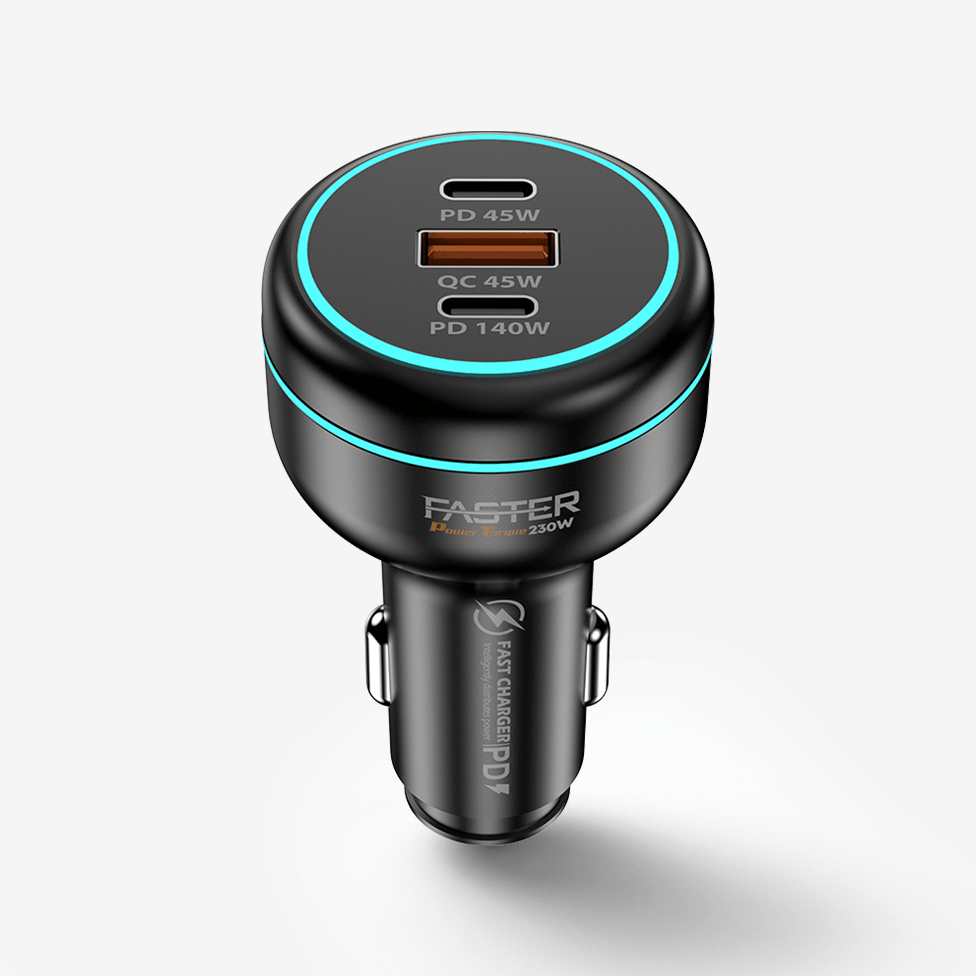 A black 3-in-1 car charger with a circular top featuring two USB-C ports (PD 45W and QC 45W, plus PD 140W text), accented with a cyan ring, and a cylindrical plug body with 'FASTER' branding.