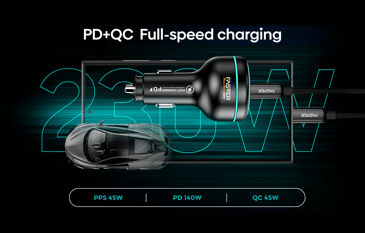 A car charger plug and cable shown on a black promotional background with glowing cyan graphics and text reading 'PD+QC Full-speed charging' and charging wattage specs.