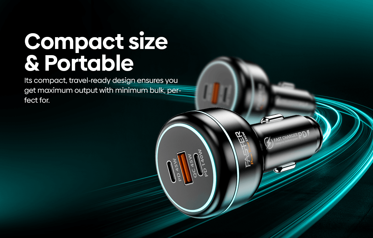 Two compact black car charger adapters with metallic silver details and glowing blue LED accents, shown on a dark teal background with dynamic light trails and promotional text reading 'Compact size & Portable'.