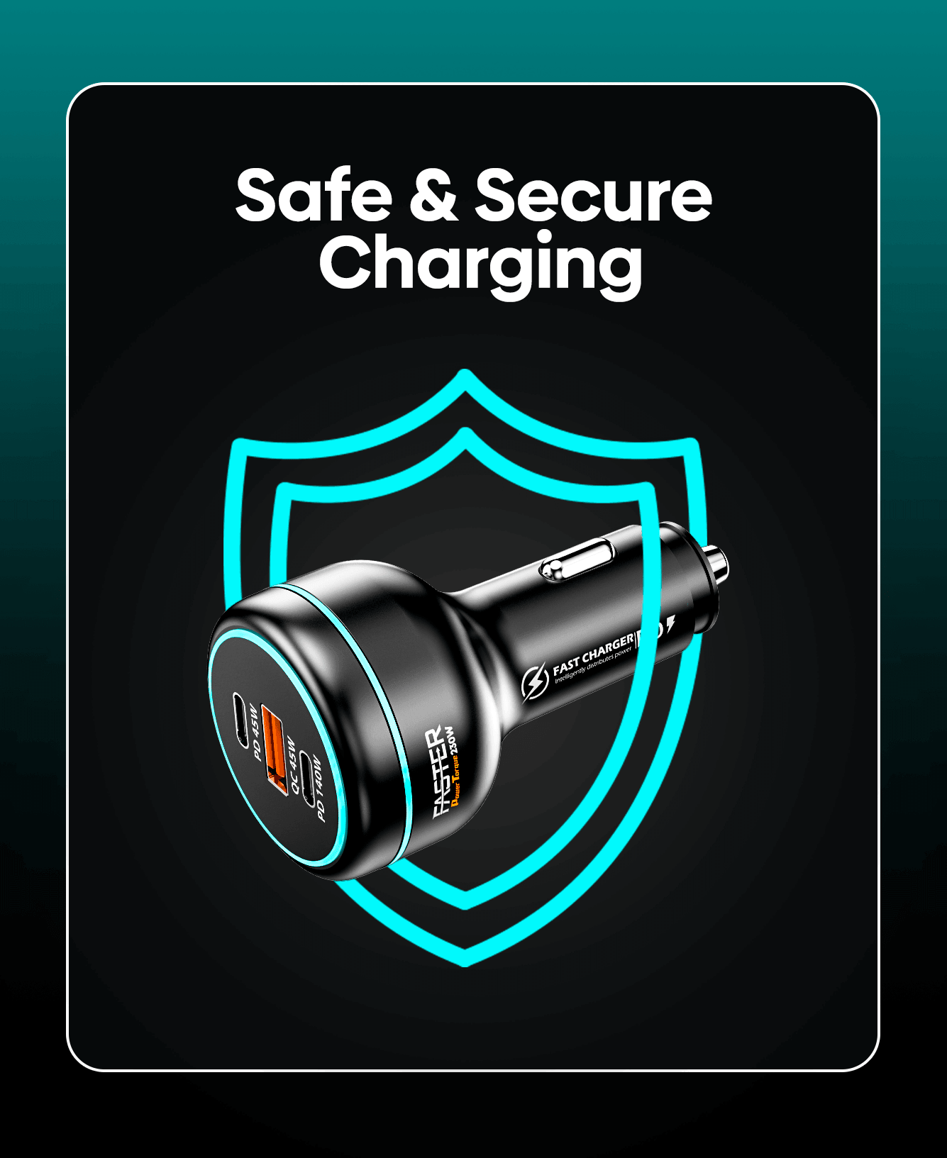 A black fast charger plug shown on a dark promotional graphic with the text 'Safe & Secure Charging' and a cyan shield outline.