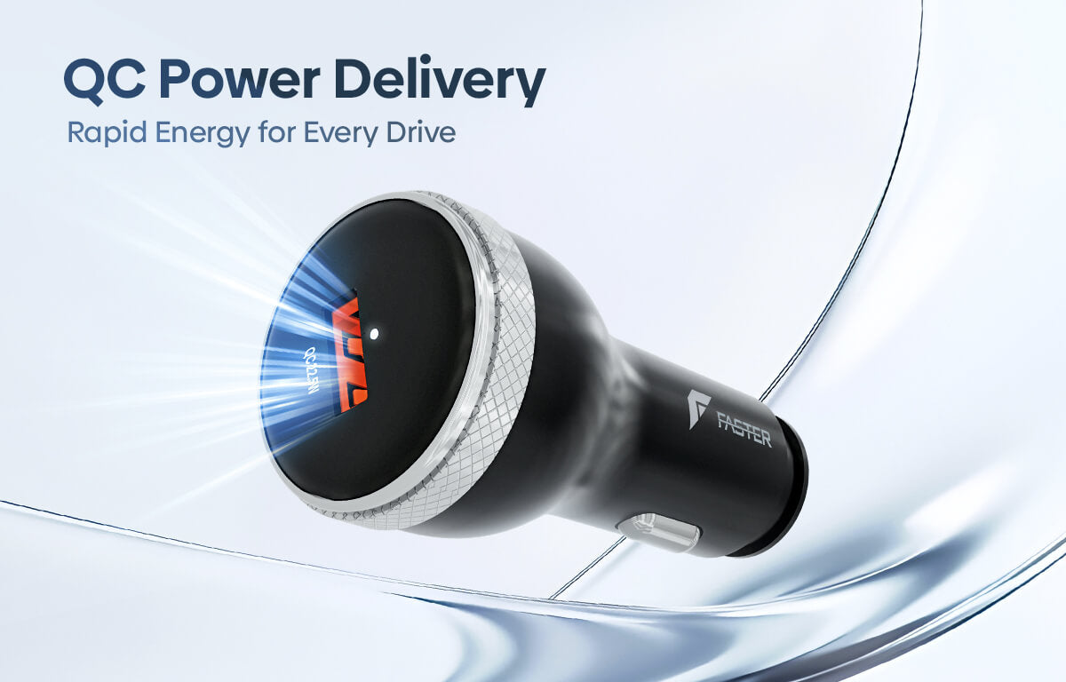 A black and silver car charger with a blue light effect at the tip, shown on a white background with abstract curved lines and the text 'QC Power Delivery' and 'Rapid Energy for Every Drive'.
