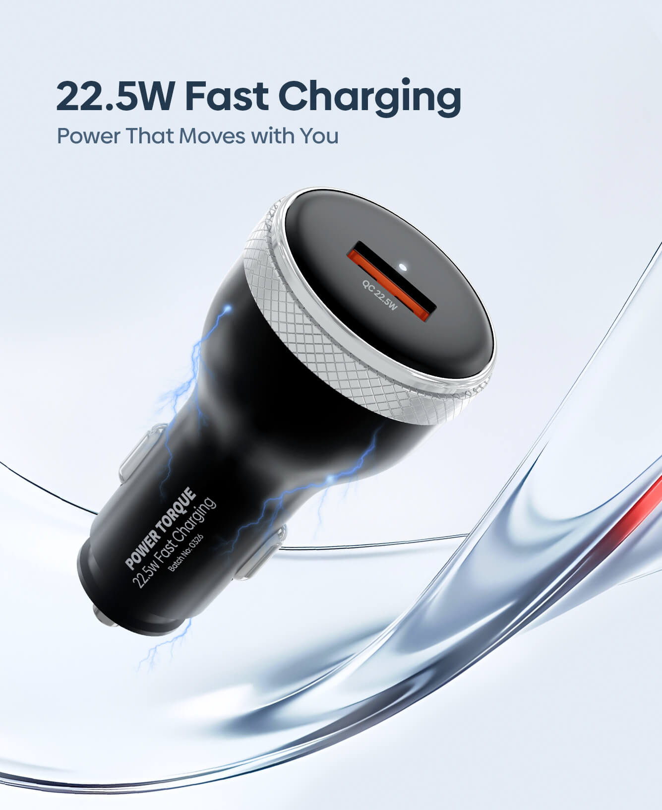 A 22.5W fast-charging car adapter with a black body, silver textured band, and a dark top port, shown floating with blue lightning effects and promotional text on a light blue background.