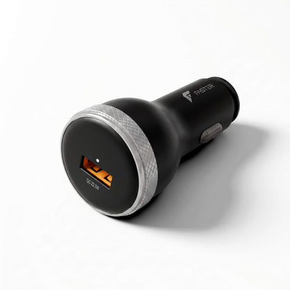 A black car charger with a textured silver metallic ring and a USB-C port, branded with 'FASTER' on the side, shown on a clean white background.
