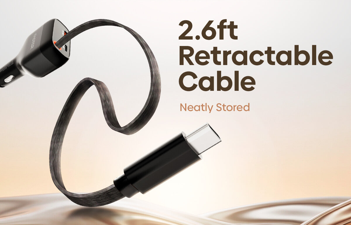 A 2.6ft retractable USB-C cable shown in a looped, neatly stored position against a soft beige background with text reading '2.