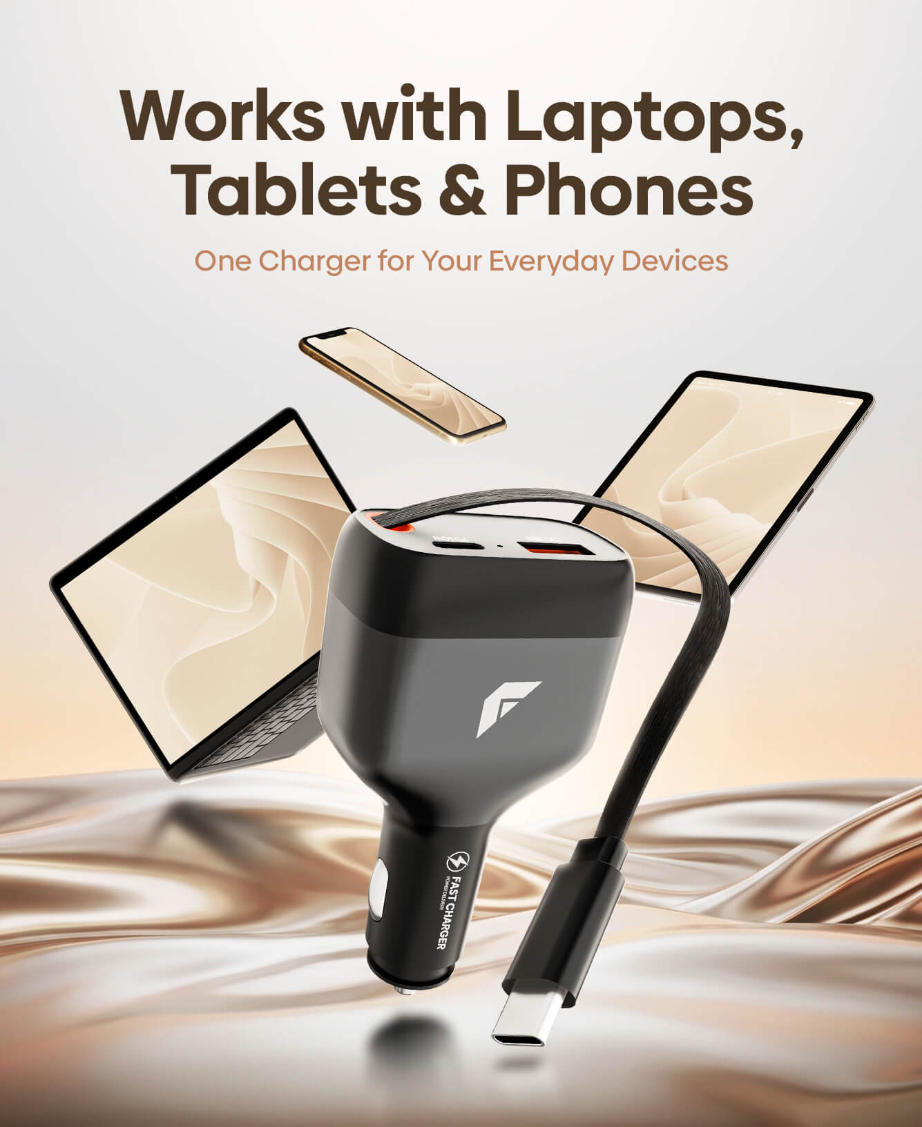A black and gray multi-port USB car charger with a USB-C cable, shown floating above a draped satin surface with laptops, tablets, and phones around it. Text at the top reads 'Works with Laptops, Tablets & Phones' and 'One Charger for Your Everyday Devices.