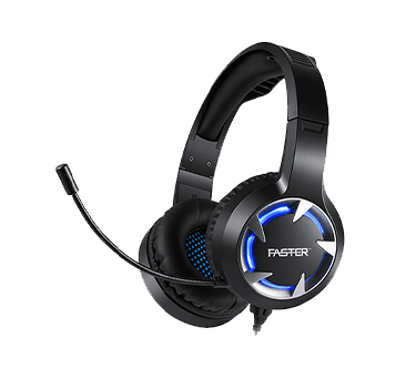 A side-angle view of the Faster BluBolt BG-100 Surround Sound Gaming Headset with a noise-canceling microphone.