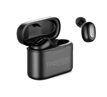  A close-up view of the Faster S600 TWS stereo wireless earbuds with a power box, with one earbud taken out from the charging case.