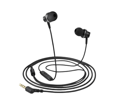 A Faster FHF-10C black stereo sound  earphone on white background