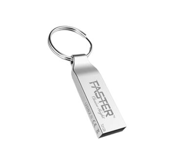 A Close Up View of FASTER FU-12 Metal 2.0 USB Memory Drive 8-128 GB on White Background 