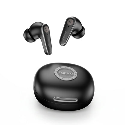 Black wireless earbuds with charging case on a white background