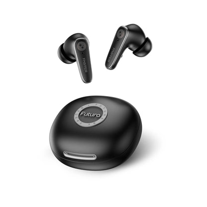 Black wireless earbuds with charging case on a white background, featuring the brand 'Futura'.