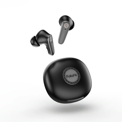 Black wireless earbuds with charging case on a white background