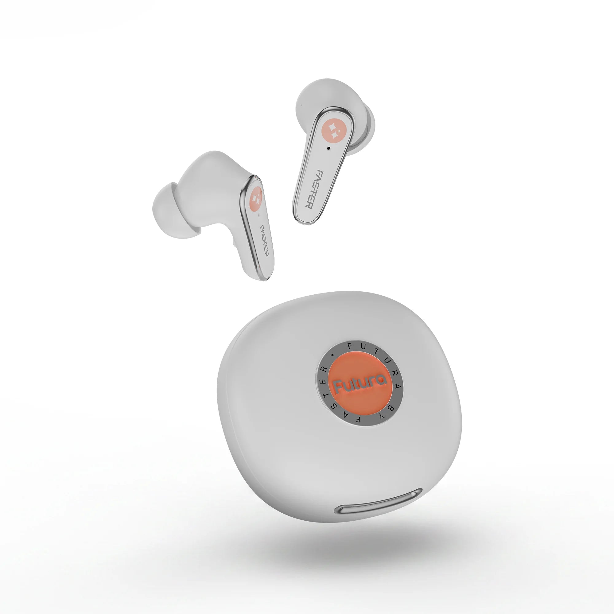 White wireless earbuds with charging case on a white background