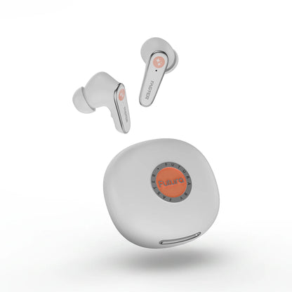 White wireless earbuds with charging case on a white background