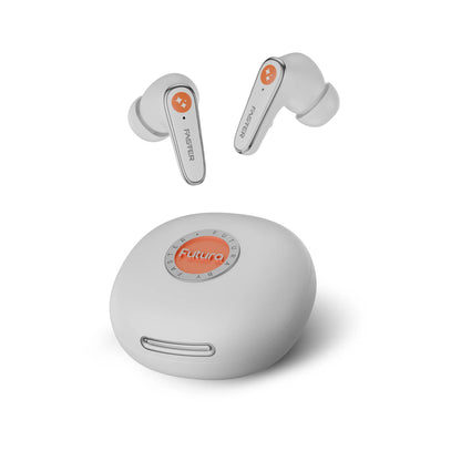 White wireless earbuds with charging case on a white background, featuring the 'Futura' brand.