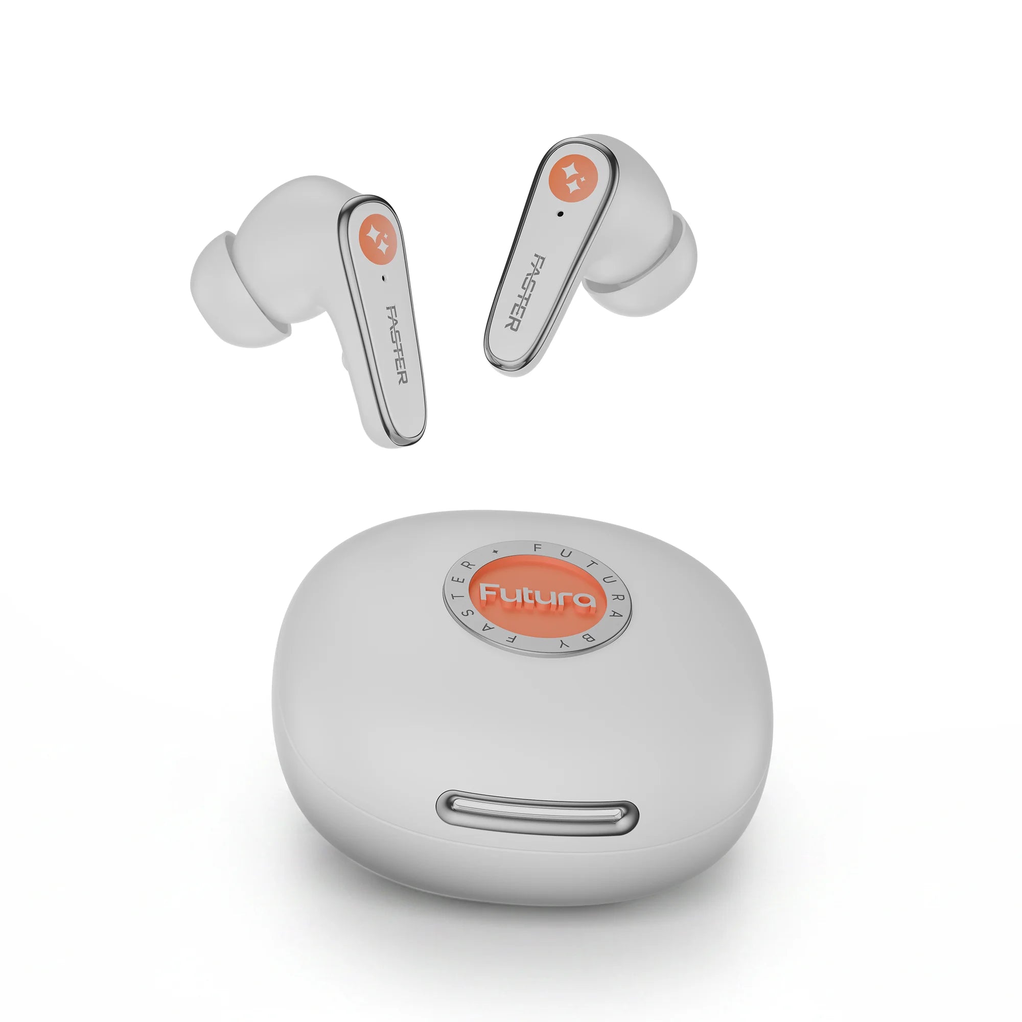 White wireless earbuds with charging case on a white background, featuring the 'Futura' brand.
