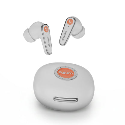 White wireless earbuds with charging case on a white background, featuring the 'Futura' brand.